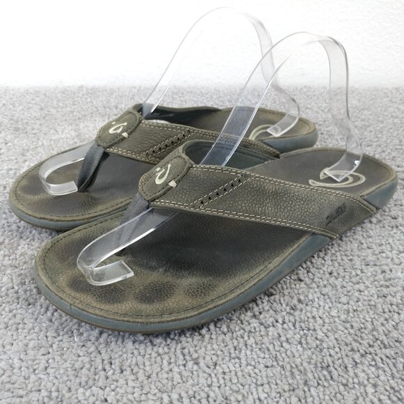 Olukai Nui Flip Flop Sandals Mens Size 10 Shoes Gray Leather Beach - Picture 1 of 9